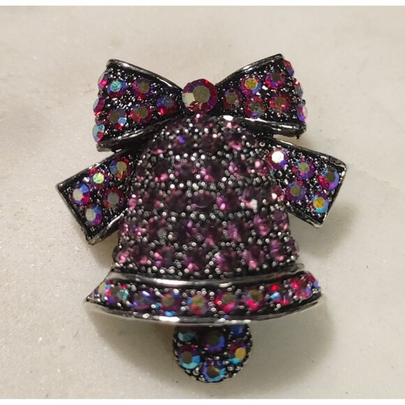 Rhinestone Gems Red Fire Purple Bell Brooch Pin Bow Moving Vintage Silvertone - Picture 12 of 12